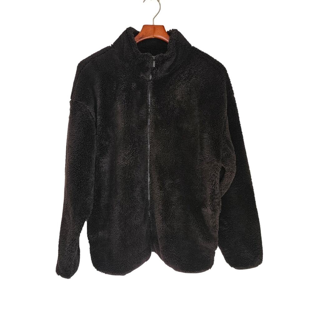 PINK Victoria's Secret Black Teddy Fleece Full Zip Jacket Women's Large